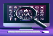 A computer screen displaying a vibrant array of Olympic symbols, including the iconic rings, a torch, and various sports emblems, all set against a bold purple background. In the foreground, a magnifying glass focuses on one specific symbol, highlighting its details with crystal clarity in a modern, minimalist style.