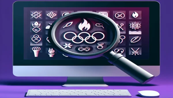 A computer screen displaying a vibrant array of Olympic symbols, including the iconic rings, a torch, and various sports emblems, all set against a bold purple background. In the foreground, a magnifying glass focuses on one specific symbol, highlighting its details with crystal clarity in a modern, minimalist style.