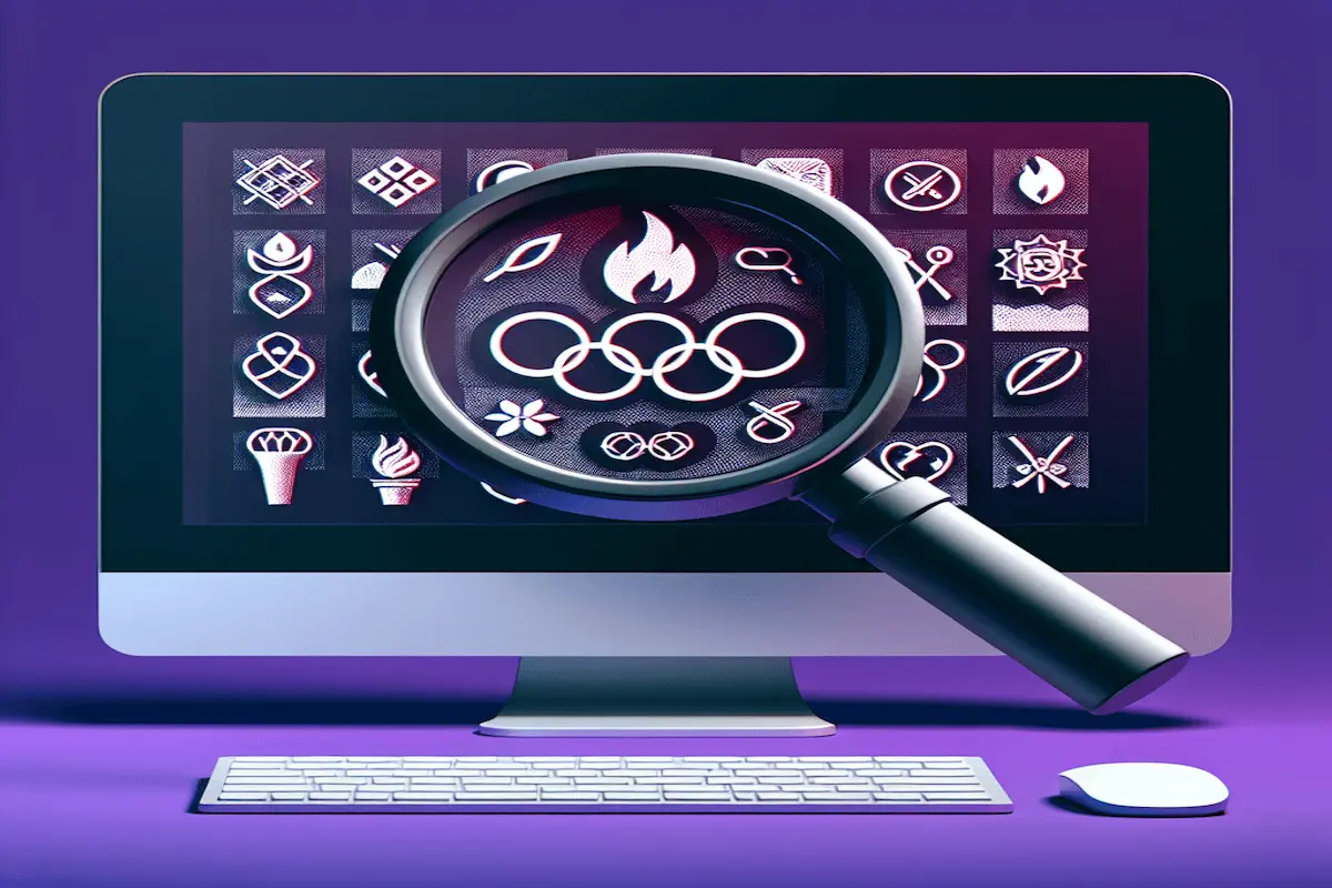 A computer screen displaying a vibrant array of Olympic symbols, including the iconic rings, a torch, and various sports emblems, all set against a bold purple background. In the foreground, a magnifying glass focuses on one specific symbol, highlighting its details with crystal clarity in a modern, minimalist style.